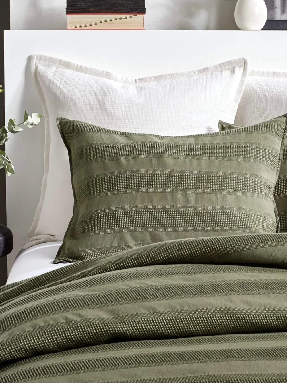 Organic DKNY Pure Avenue Stripe King Duvet Cover Olive Green Cotton Woven Waffle